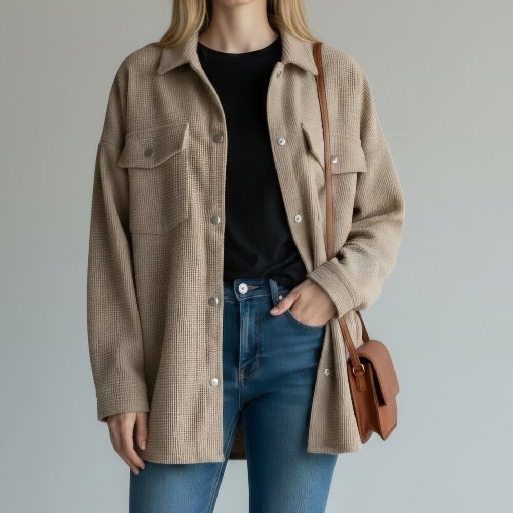 Cupshe Shacket Khaki Oversized Corduroy Check Flap Pocket Women's Size M NWT